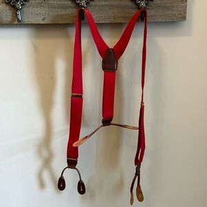 Vintage CAS Suspenders West Germany Solid Red Leather Fasteners Gold Clips